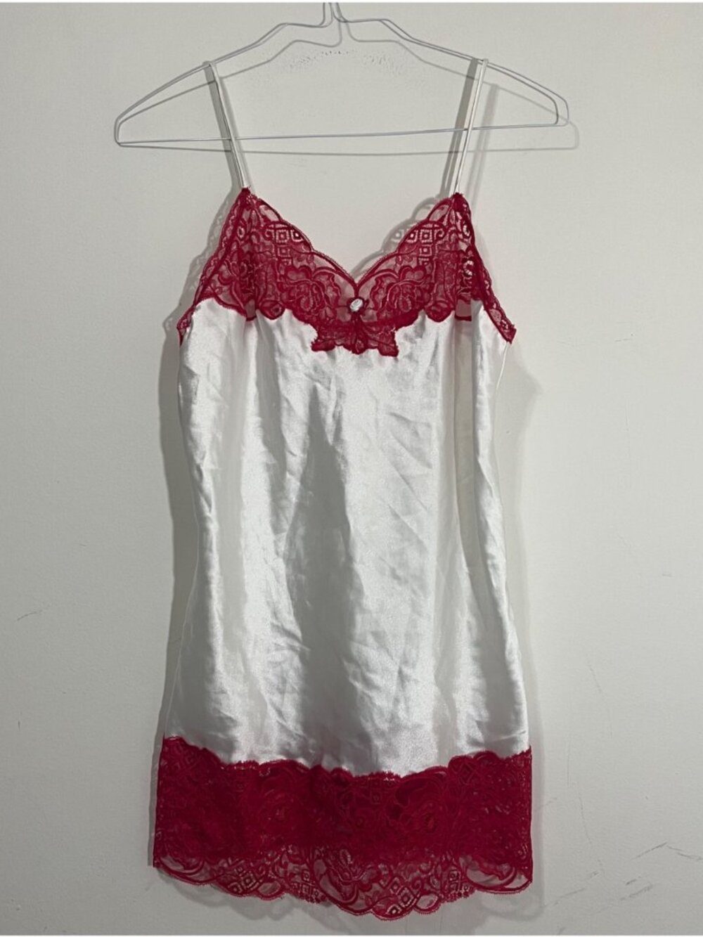 VTG Christian Dior Lingerie Satin White Slip Dress Red Lace Trim Nightgown Sz M